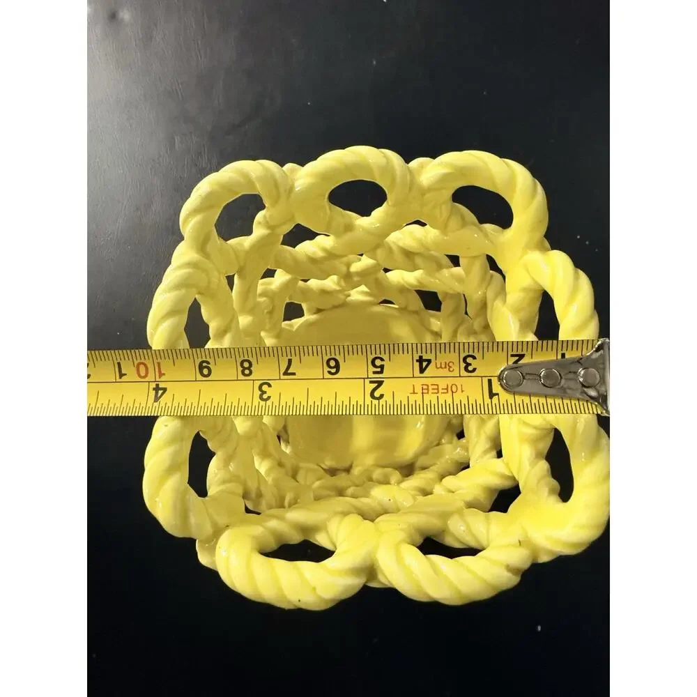 Vintage Made in Spain Yellow Woven Basket Ceramic Planter Cachepot Mid Century